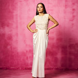 Off-White and Beige Embroidered Bodysuit & Pre-Draped Skirt Set
