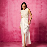 Off-White and Beige Embroidered Bodysuit & Pre-Draped Skirt Set