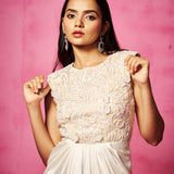 Off-White and Beige Embroidered Bodysuit & Pre-Draped Skirt Set