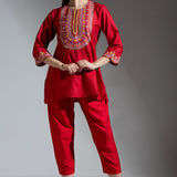 Red Silk Embroidered Co-ord Set