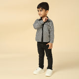 Black and White Satin Linen Stripe Pattern Shirt