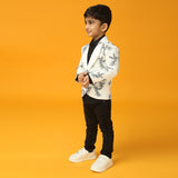 White Full Sleeve Bird Print Blazer