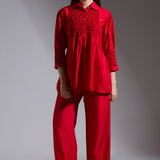 Red Silk Smocked Top and Pants Set