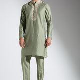 Forest Green Silk Kurta Set with Embroidery Details