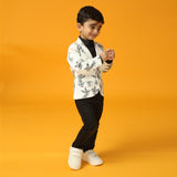 White Full Sleeve Bird Print Blazer