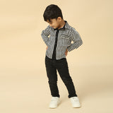 Black and White Satin Linen Stripe Pattern Shirt