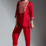 Red Silk Embroidered Co-ord Set
