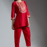 Red Silk Embroidered Co-ord Set
