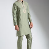 Forest Green Silk Kurta Set with Embroidery Details