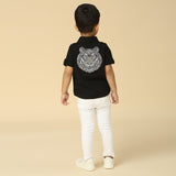 Black Linen Shirt with Embroidered Tiger Motif