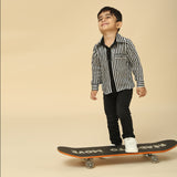 Black and White Satin Linen Stripe Pattern Shirt