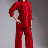 Red Silk Smocked Top and Pants Set