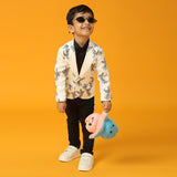 White Full Sleeve Bird Print Blazer