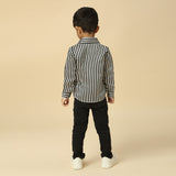 Black and White Satin Linen Stripe Pattern Shirt