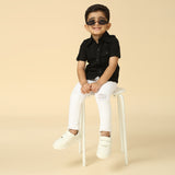 Black Linen Shirt with Embroidered Tiger Motif
