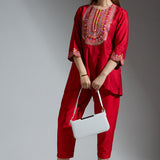 Red Silk Embroidered Co-ord Set