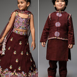 Maroon Embroidered Lehenga and Nehru Jacket Kurta Set - Siblings Set