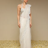 Side view of Neha Gursahani ivory scalloped saree for women