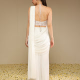 Back view of ivory predraped pant saree set