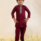 Maroon Sherwani Set with Hand-Embroidered Placket and Pants