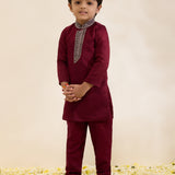 Maroon Sherwani Set with Hand-Embroidered Placket and Pants