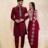 Sindhuja - Wine Red and Maroon Saree and Sherwani Couple Set