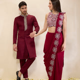 Sindhuja - Wine Red and Maroon Saree and Sherwani Couple Set