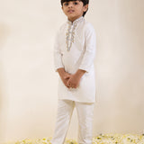 Ivory Kurta Set with Embroidered Collar and Placket and Pants