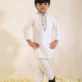 Ivory Kurta Set with Embroidered Collar and Placket and Pants