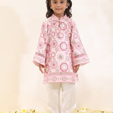 Printed Satin Linen Kurta with Jaali Embroidery & Ivory Scalloped Pants