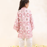 Printed Satin Linen Kurta with Jaali Embroidery & Ivory Scalloped Pants