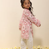 Printed Satin Linen Kurta with Jaali Embroidery & Ivory Scalloped Pants