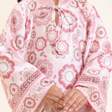 Printed Satin Linen Kurta with Jaali Embroidery & Ivory Scalloped Pants