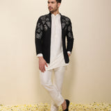 Ivory Spun Silk Kurta Set with Black Cutwork Hand-Embroidered Jacket