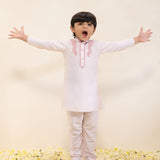Light Pink Kurta Set with Embroidered Collar and Placket and Pants