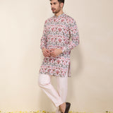 Pink Printed Satin Linen Front Open Kurta with Matching Pants