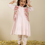 Light Pink Kalidar Spun Silk Kurta Set with Embroidered Cutwork Jacket