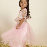 Pink Printed Choli with Embroidered Cape and Poofy Tulle Lehenga
