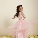 Pink Printed Choli with Embroidered Cape and Poofy Tulle Lehenga