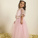 Pink Printed Choli with Embroidered Cape and Poofy Tulle Lehenga