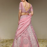 Back view of hand embroidered pink lehenga set