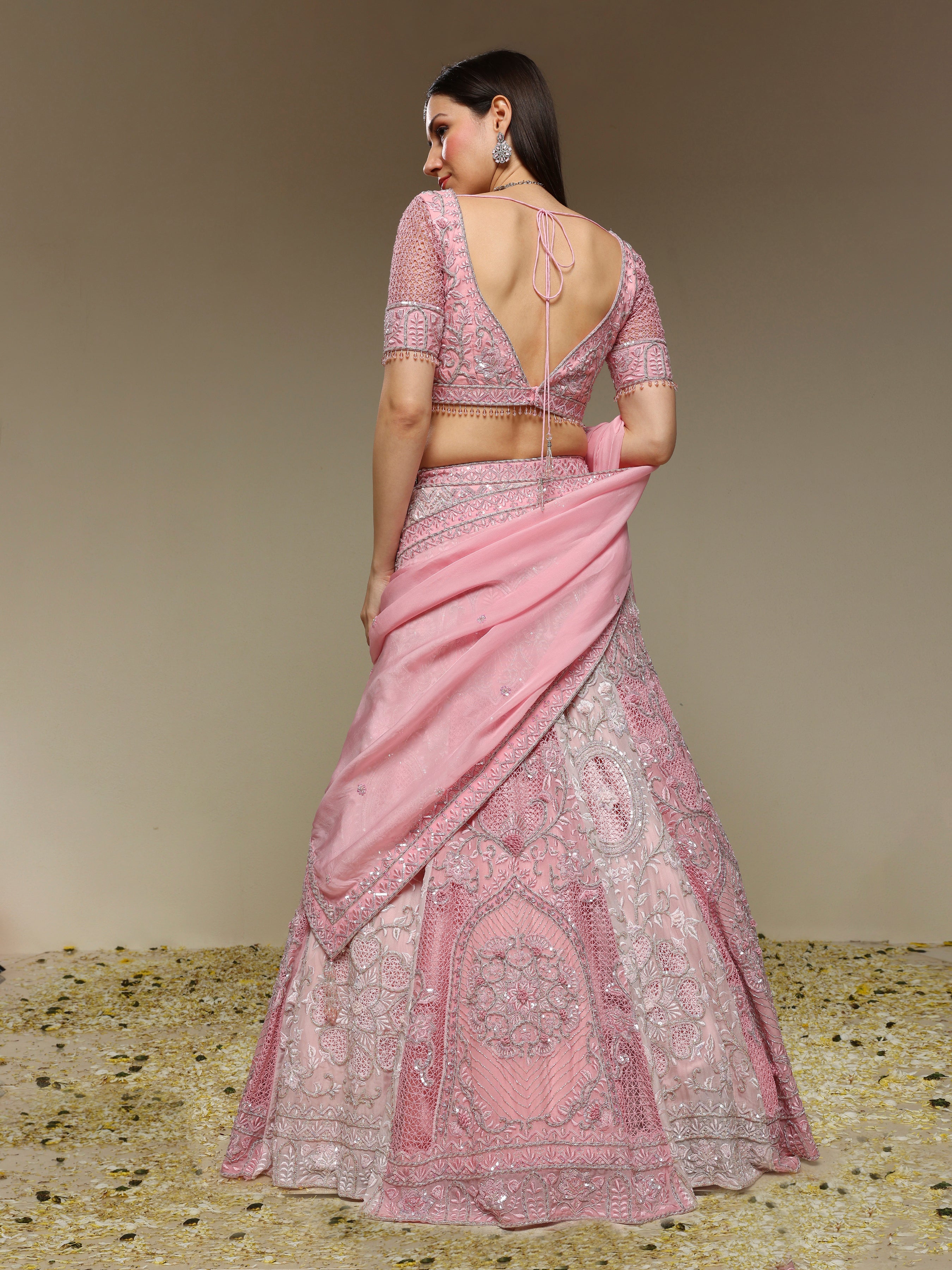 Back view of hand embroidered pink lehenga set