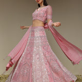 Woman wearing a hand embroidered pink lehenga set
