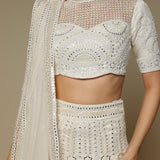 Close-up of bugle bead and sequin embroidery on blouse and dupatta