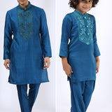 Peacock Blue kurta teamed with narrow pants - Father-Son Set