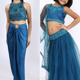 Peacock Blue Halter top teamed with a draped skirt & Peacock Blue embroidered lehnga choli and dupatta Set