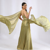 Olive Green Pre Draped Saree Gown