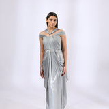 Metallic Grey Pre Draped Gown