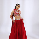 Red Embroidered V Neck Choli with Pleated Lehenga Set