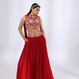 Red Embroidered V Neck Choli with Pleated Lehenga Set